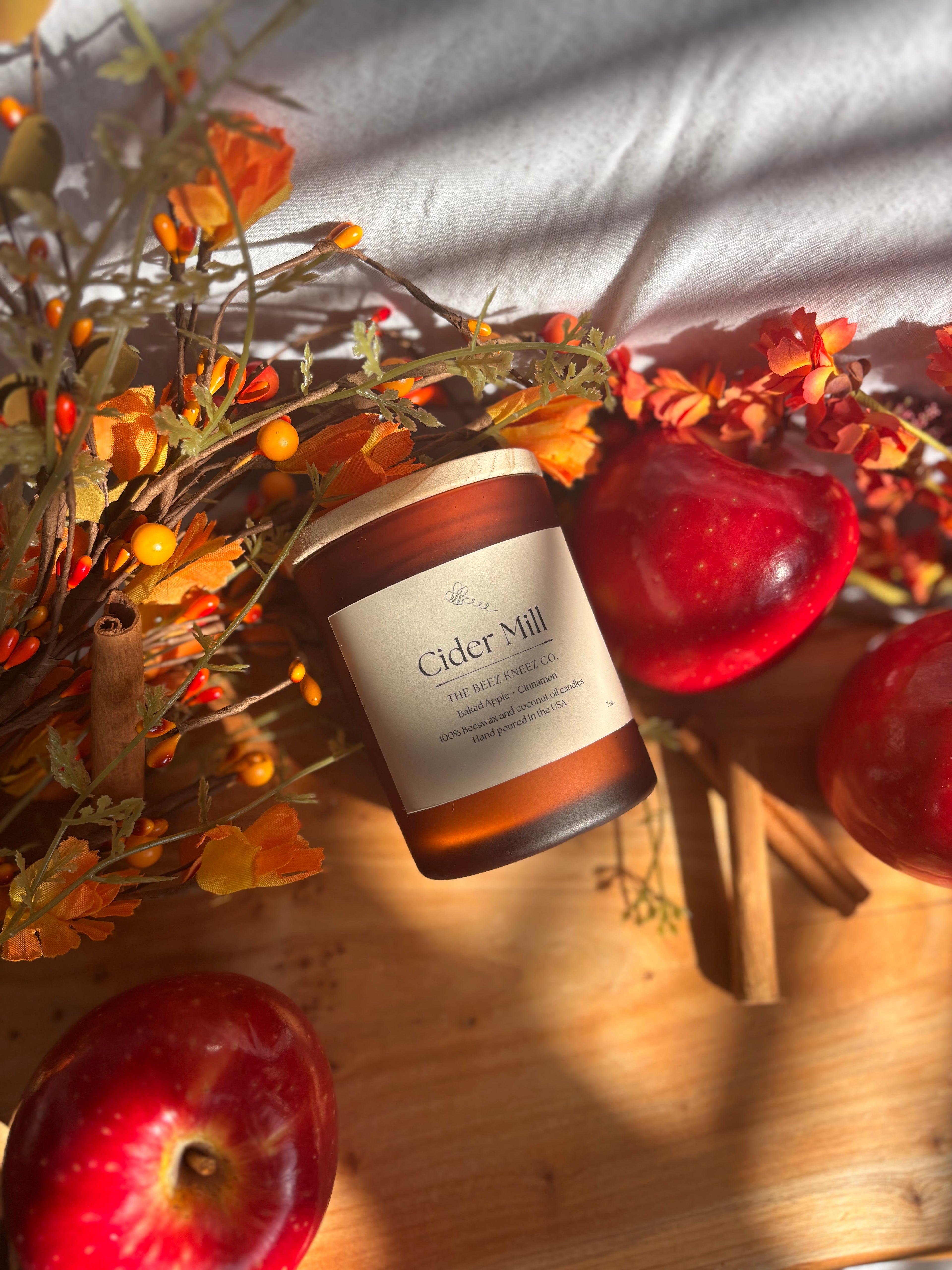 Cider Mill beeswax candles with fall scents like baked apples and cinnamon