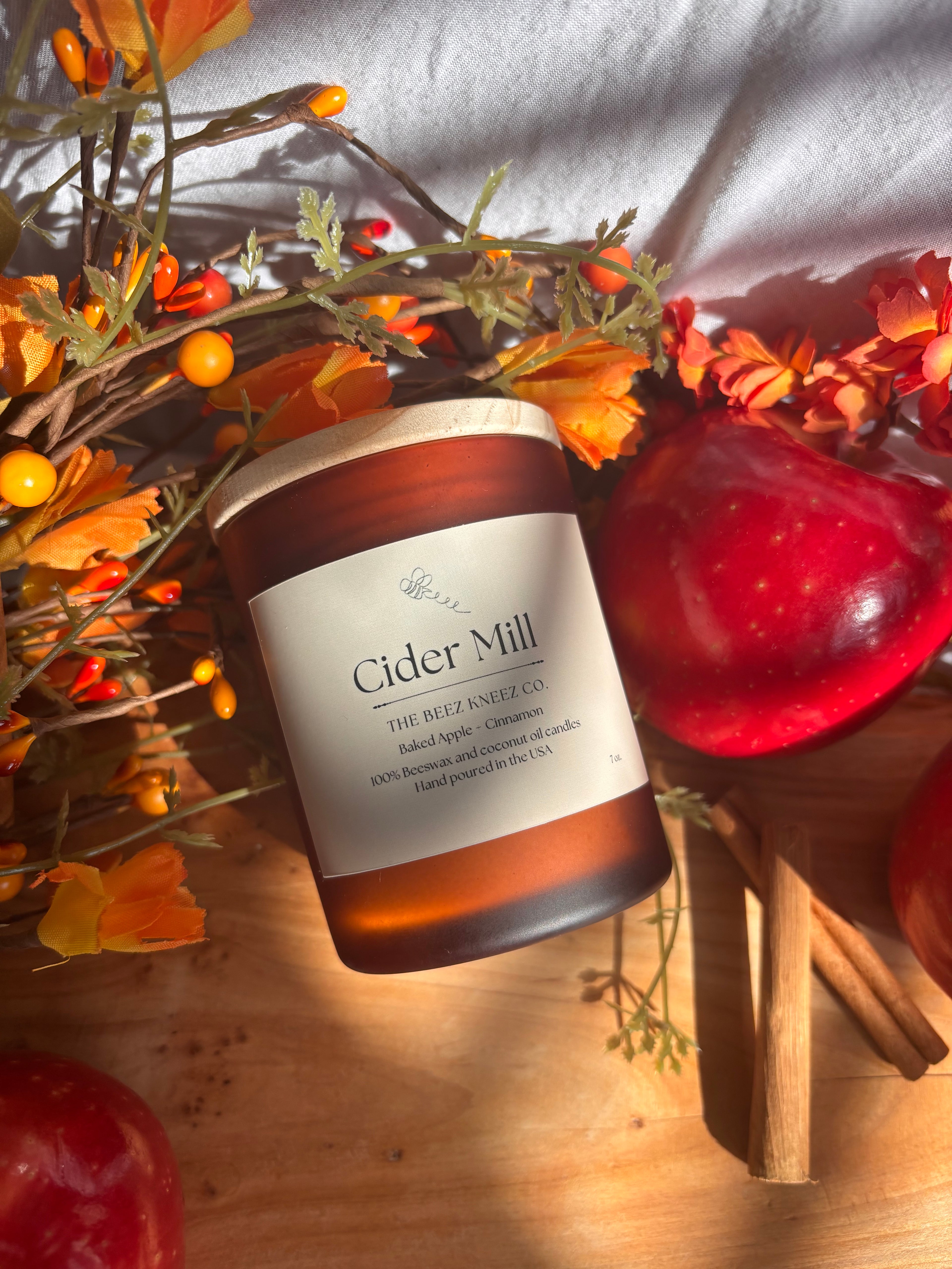 Cider Mill beeswax candles with fall scents like baked apples and cinnamon