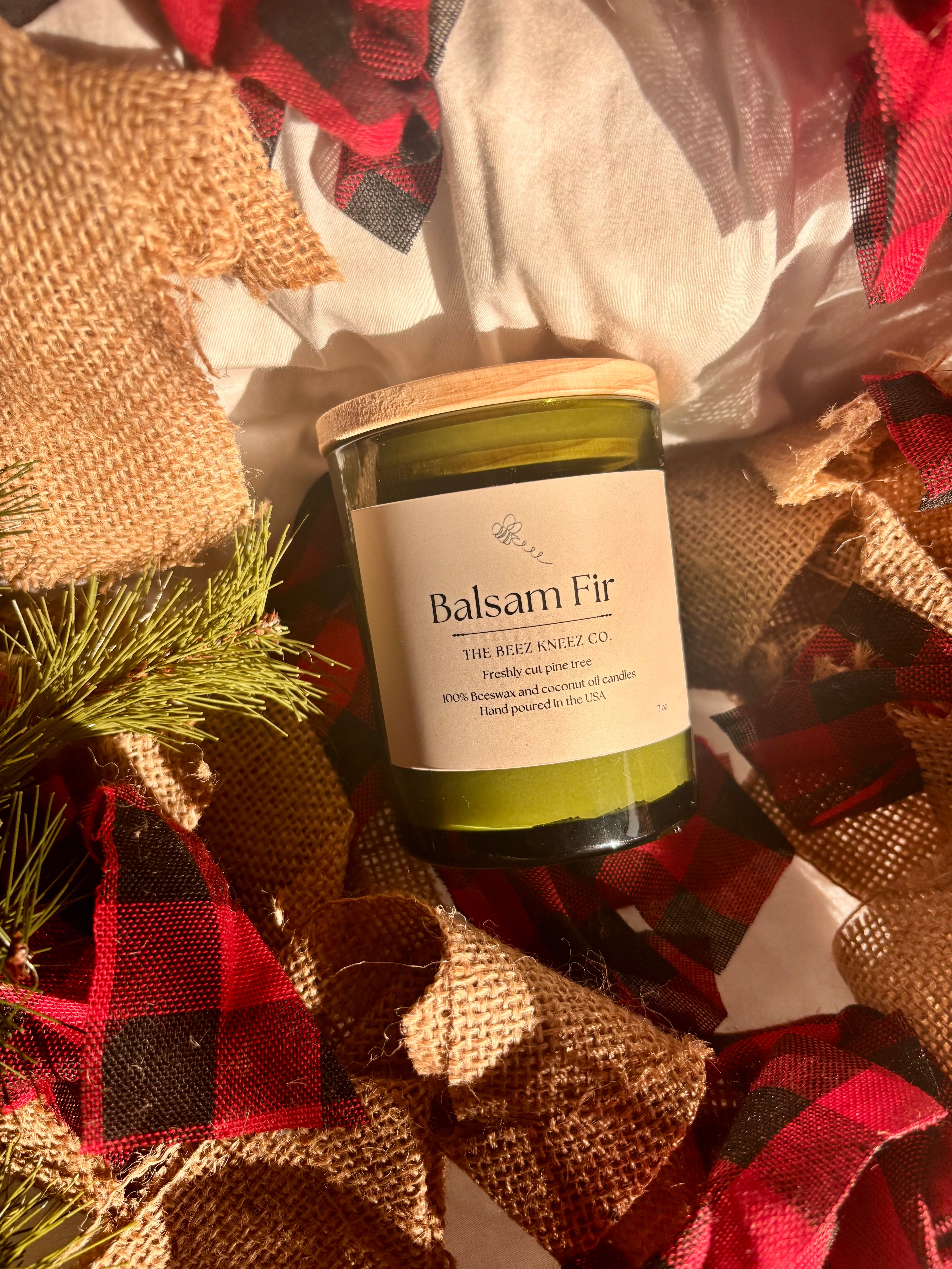 Beeswax candle in scent balsam fir. The perfect holiday scent that smells like Christmas trees. 